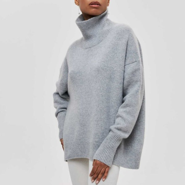 Women's Roll-Neck Jumper with Short Sleeves and Relaxed Fit - Grey