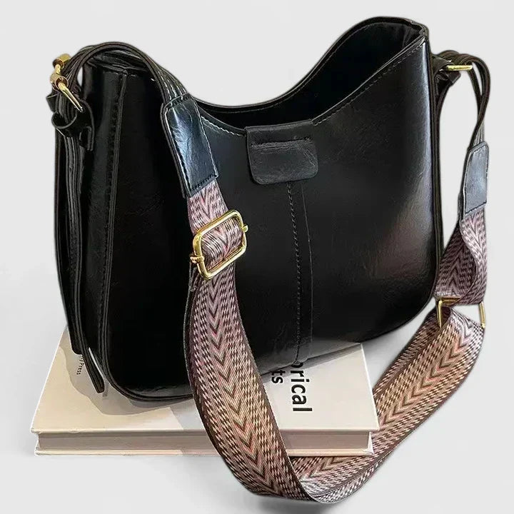 Women's Shoulder Bag with Curved Silhouette and Adjustable Strap - Black