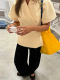 Women's Blazer Jacket Cinched Waist with Short Sleeves and Notch Collar - Yellow