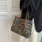 Leopard Print Tote Bag with Gold-Tone Chain Handles - 5