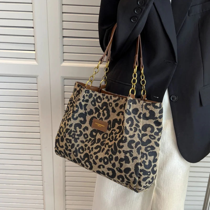 Leopard Print Tote Bag with Gold-Tone Chain Handles - 5