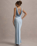 Women's Sleeveless Bodycon Maxi Dress with Cowl Neckline - Blue