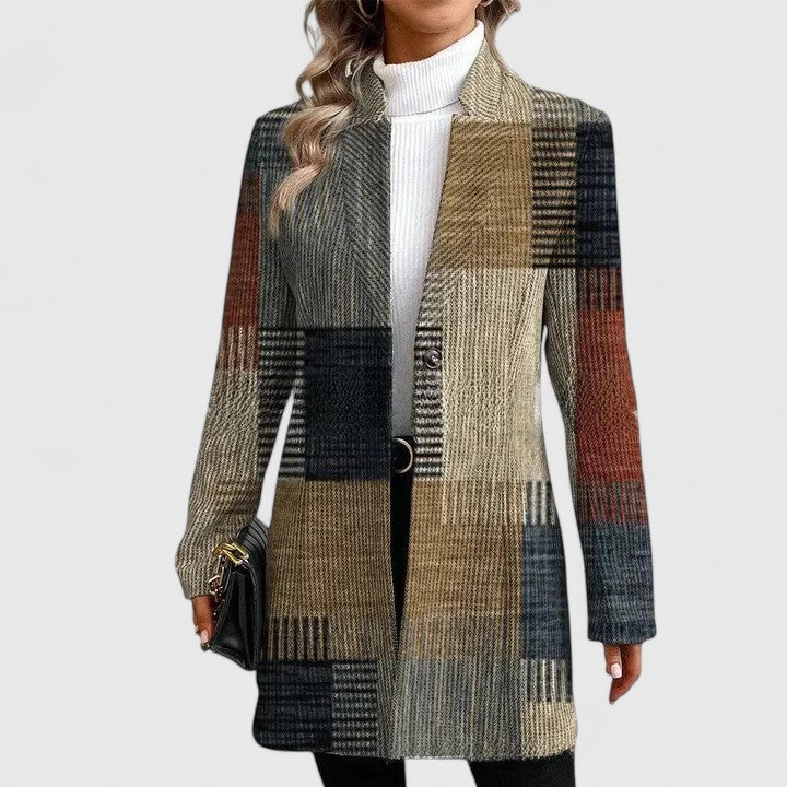 Women's Longline Blazer with Colour-Block Check Print and Notch Lapel - 2