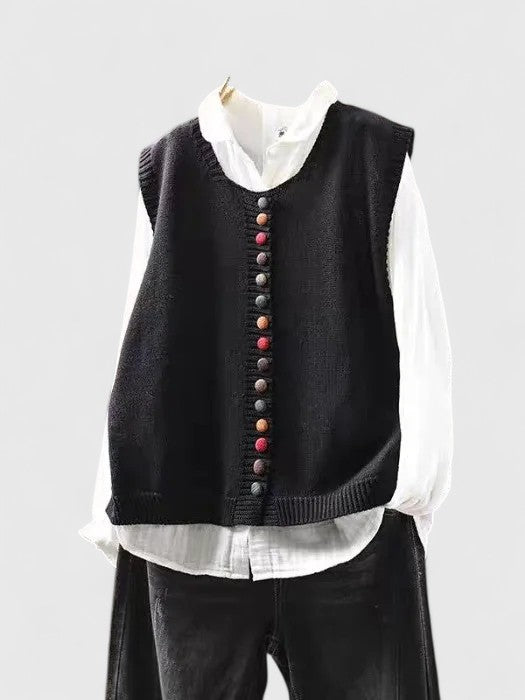 Women's Sleeveless Cardigan with V-Neck and Button Front - Black