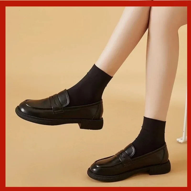Women's Slip-On Loafers with Round Toe and Low Block Heel - Black