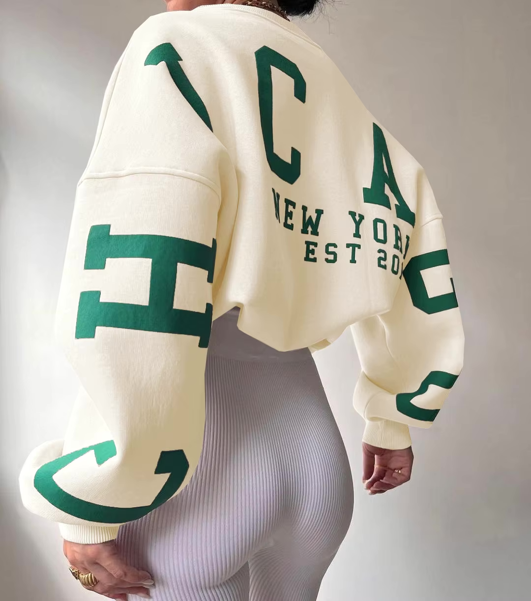Women's Oversized Sweatshirt with City Print and Crew Neck - Cream