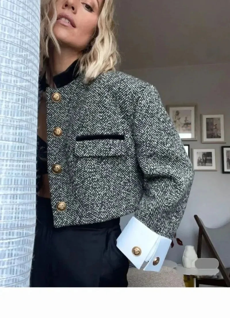 Women's Cropped Tailored Jacket with Contrast Cuffs - 4