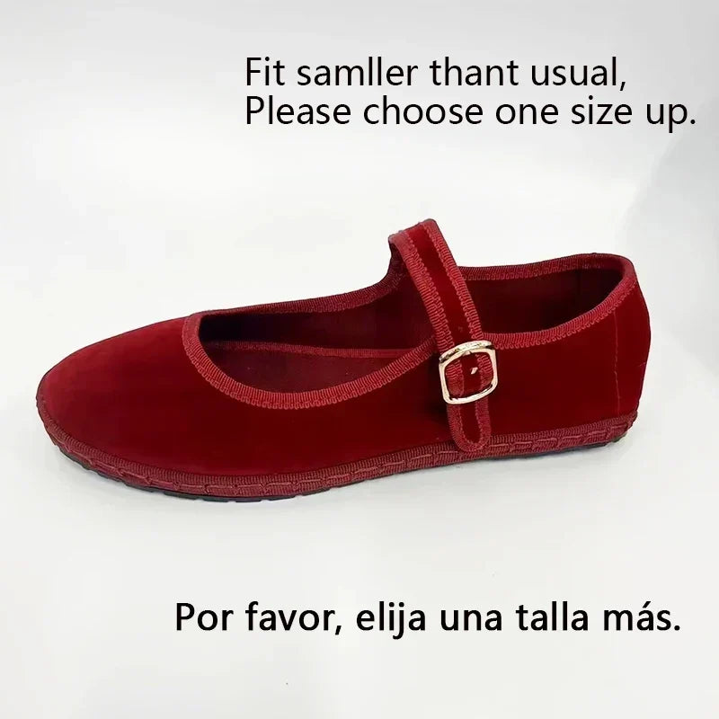 Women's Mary Jane Ballet Flats with Strap Detail - Red