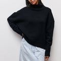 Women's Roll-Neck Jumper with Short Sleeves and Relaxed Fit - Black