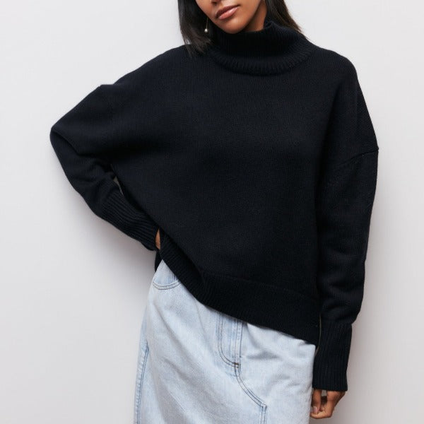 Women's Roll-Neck Jumper with Short Sleeves and Relaxed Fit - Black