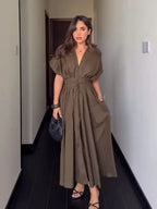 Women's Midi Dress with V-Neck and Tie Waist - 2