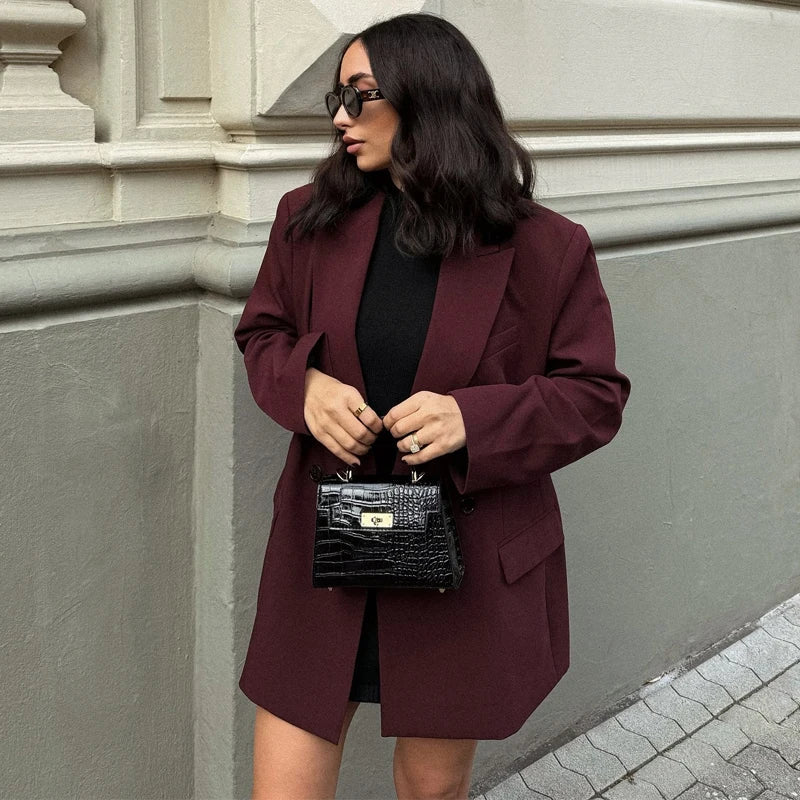 Women's Oversized Longline Blazer with Notched Lapel - 3