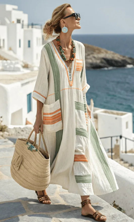 Women's Kaftan Maxi Dress with V-Neck and Striped Trim - Green