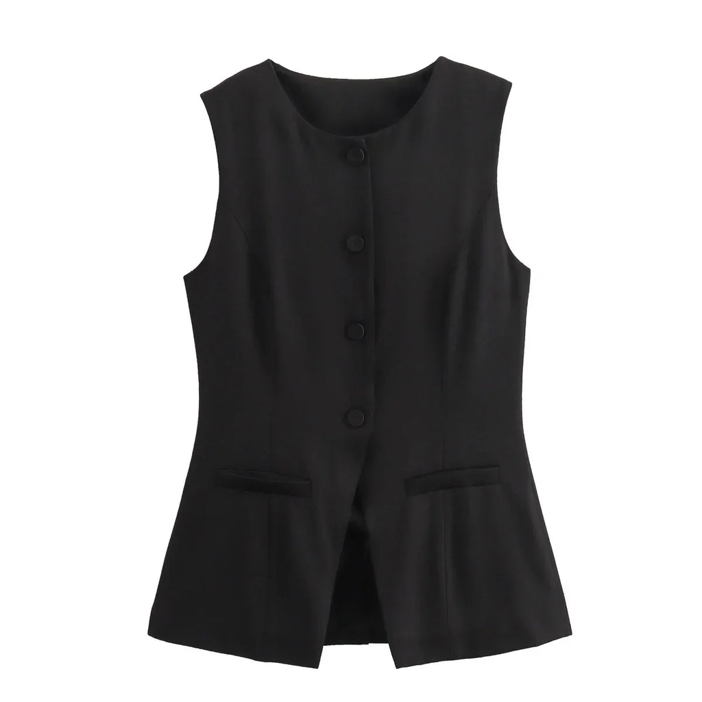Women's Tailored Waistcoat Sleeveless with Button Front and Welt Pockets - Black