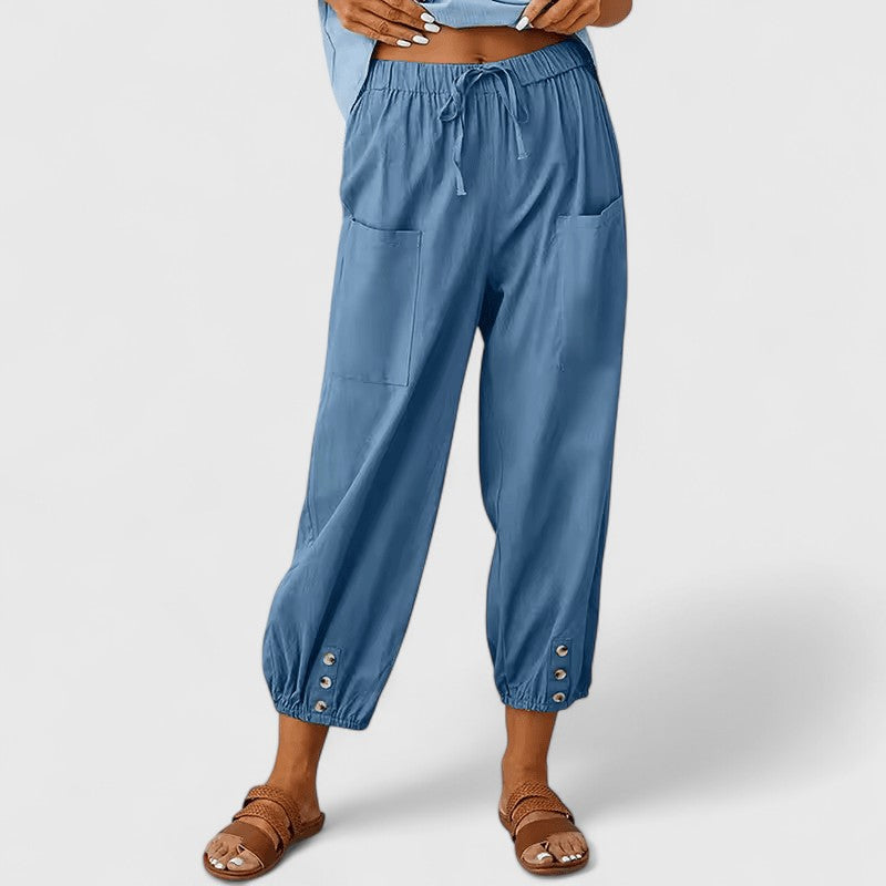 Women's Wide-Leg Trousers with Elastic High Waist - Denim Blue