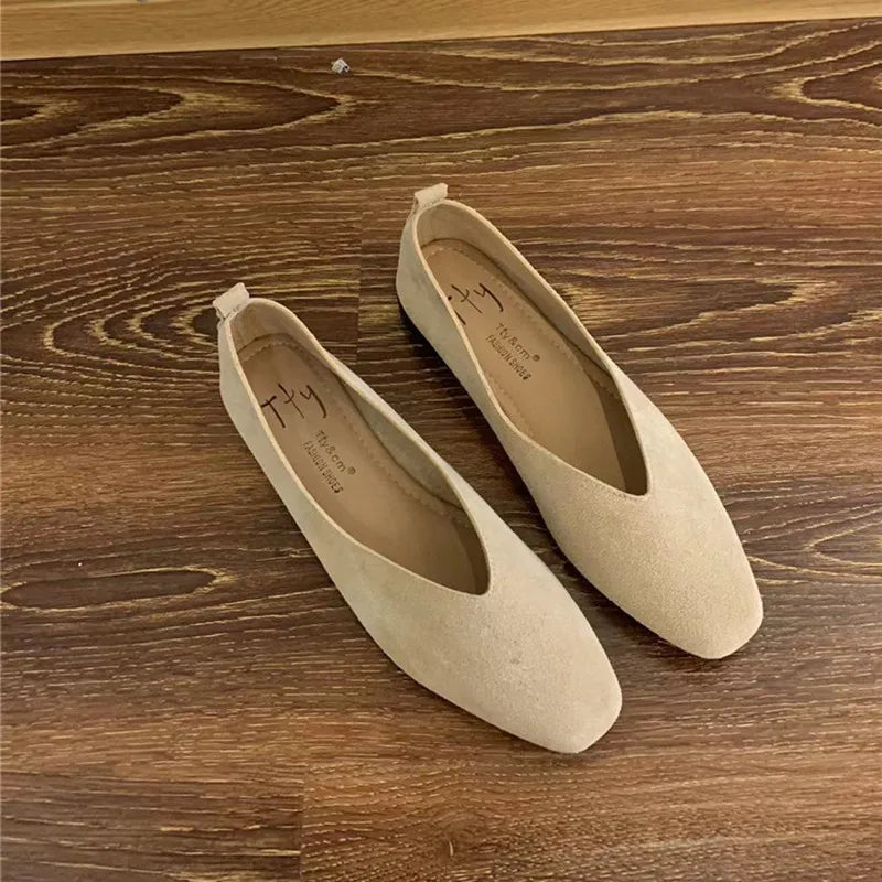 Women's Square-Toe Ballet Flats with Vintage Loafer Silhouette - Apricot