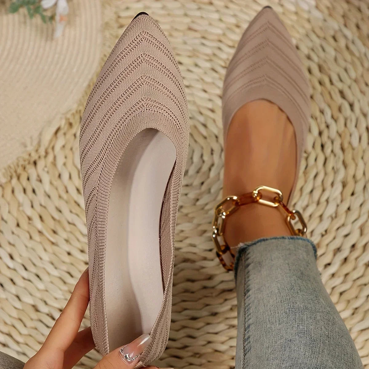 Women's Ballet Flats Pointed Toe with Stretch Knit Upper - Taupe