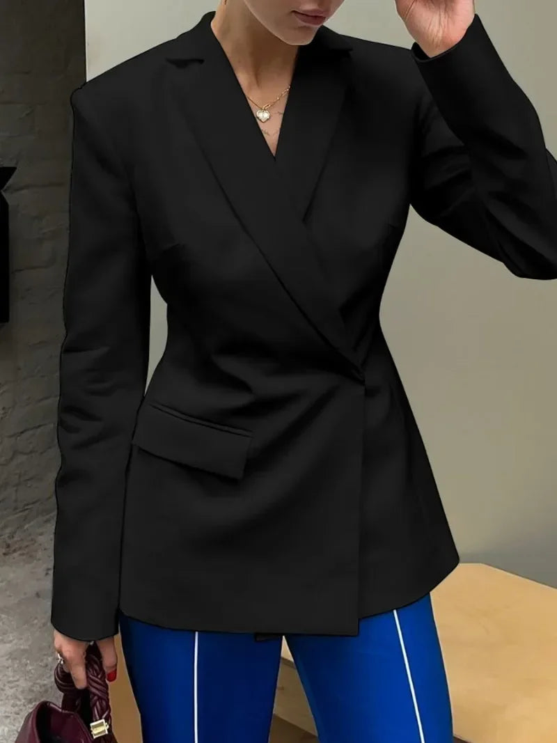 Women's Blazer Coat Backless Wrap Front with Long Sleeves - Black
