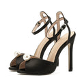 Women's Stiletto Sandals with Pearl Detail and Crossover Ankle Strap - Black