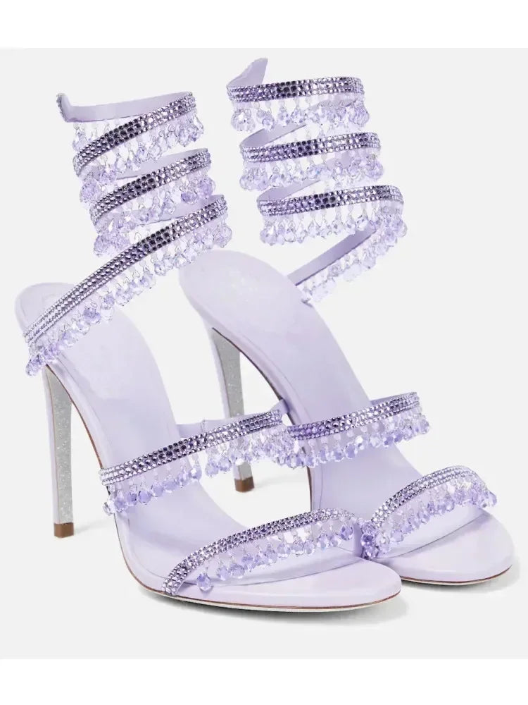 Women's Heeled Sandals with Wraparound Ankle Strap and Diamante Detail - 13