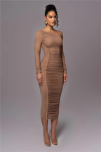 Women's Bodycon Midi Dress with One-Shoulder Ruched Design - 4