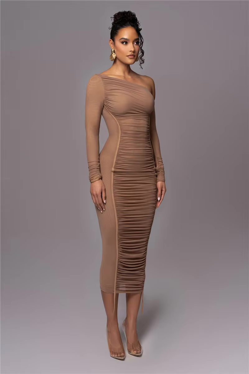 Women's Bodycon Midi Dress with One-Shoulder Ruched Design - 4