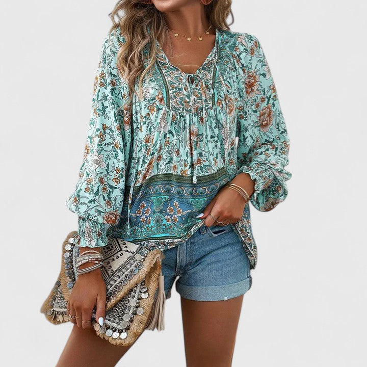 Women's Long Sleeve Blouse with Tie Neck and Floral Print - 10