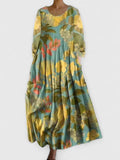 Women's Midi Dress Three-Quarter Sleeve with Round Neck and Floral Print - Flower 4