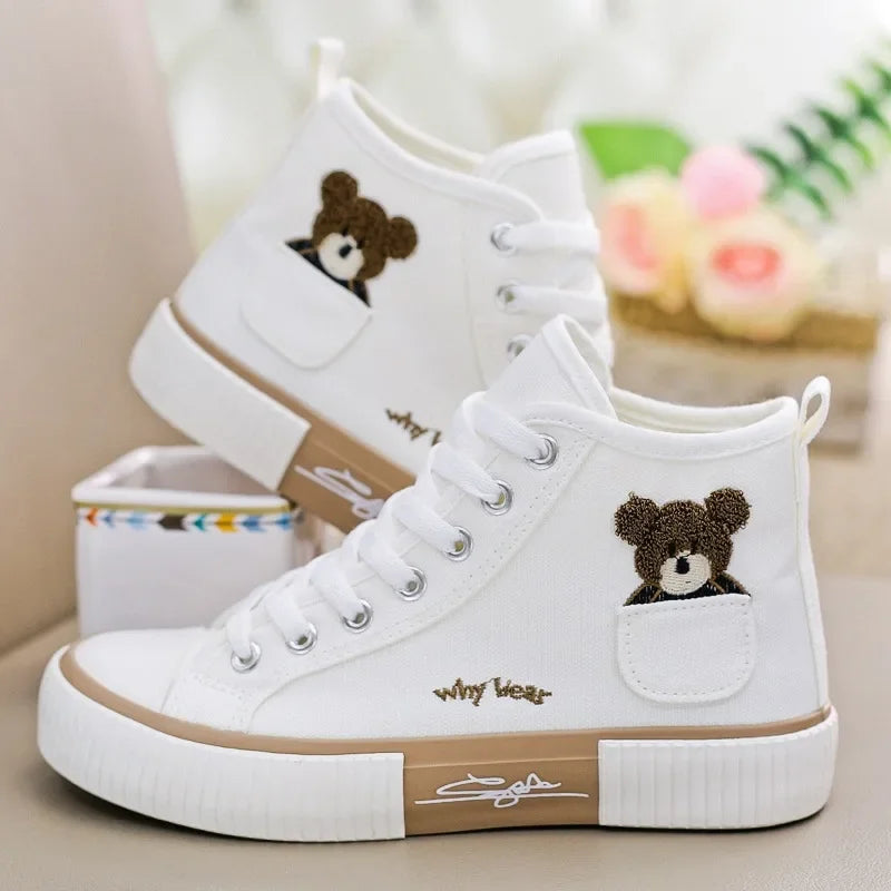 Women's High-Top Canvas Trainers with Embroidered Pocket Detail - White