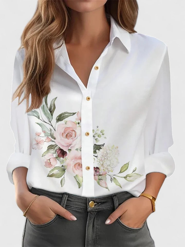 Women's Blouse Loose Fit with Long Sleeves and Point Collar - Pink
