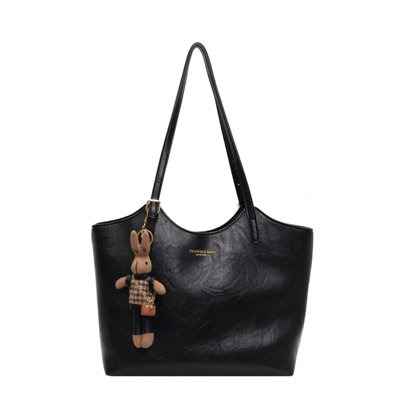 Women's Tote Bag with Detachable Charm and Vintage Finish - Black