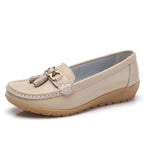 Women's Slip-On Loafers with Tassel Trim and Wedge Sole - Beige