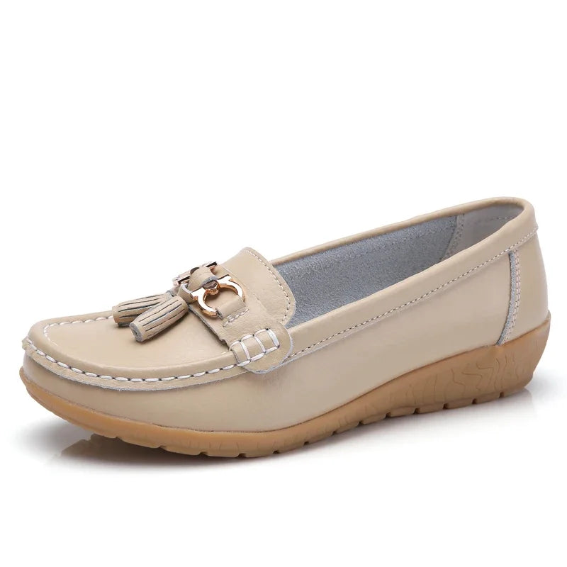 Women's Slip-On Loafers with Tassel Trim and Wedge Sole - Beige
