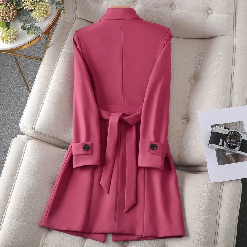 Women's Longline Blazer Coat with Tie Belt and Button Cuffs - 4