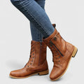 Women's Lace-Up Combat Boots with Buckle and Zip Detail - Light Brown