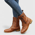 Women's Lace-Up Combat Boots with Buckle and Zip Detail - Light Brown