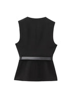Women's Waistcoat Sleeveless with Gold Buttons and Belted Waist - 4
