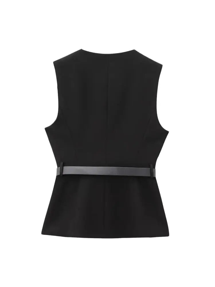 Women's Waistcoat Sleeveless with Gold Buttons and Belted Waist - 4
