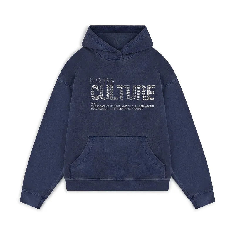 Unisex Hoodie with Rhinestone Statement Text and Relaxed Fit - Navy Blue