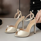 Women's Stiletto Sandals with Pearl Detail and Crossover Ankle Strap - Apricot