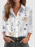 Women's Blouse Loose Fit with Long Sleeves and Point Collar - White