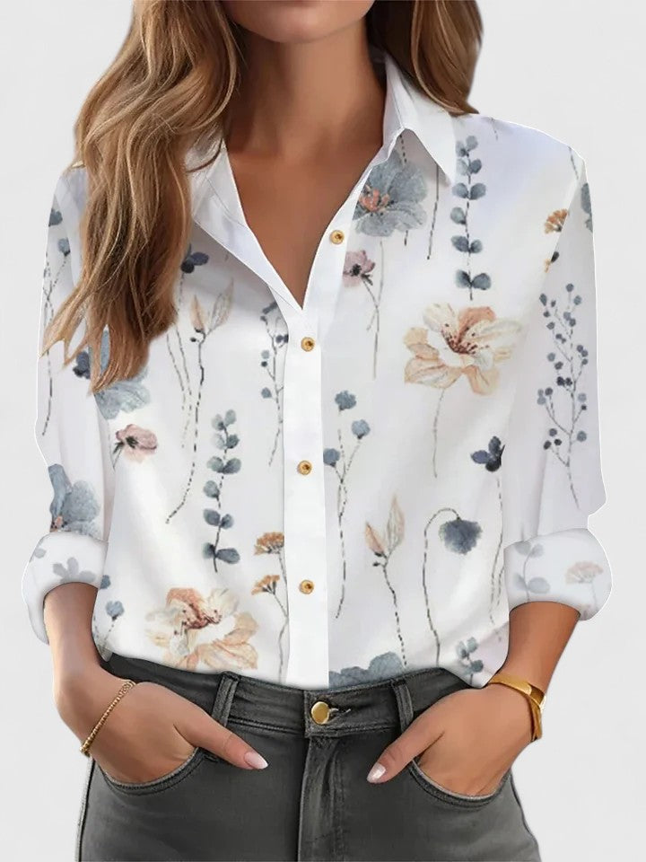 Women's Blouse Loose Fit with Long Sleeves and Point Collar - White