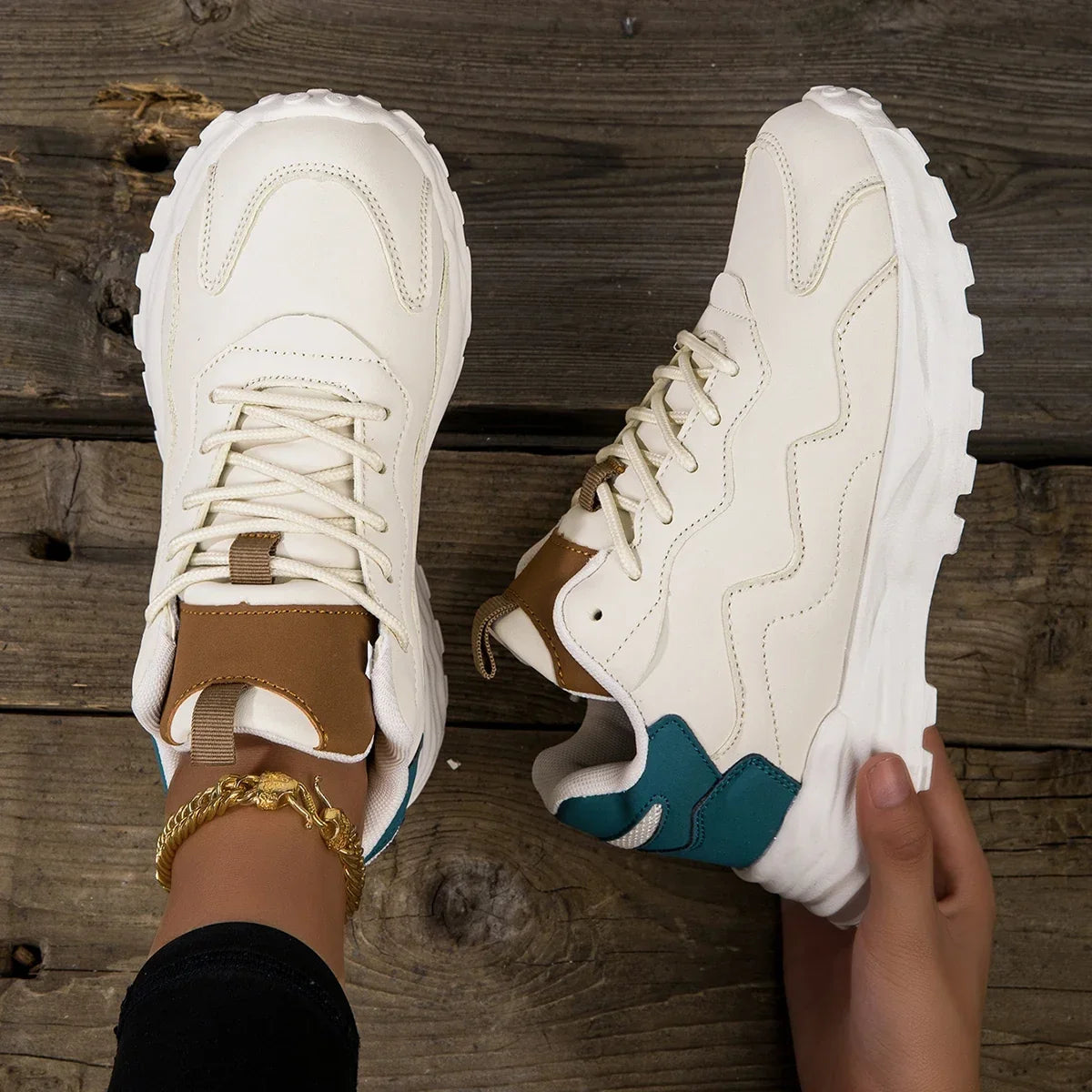 Women's Chunky Platform Sneakers with Mesh Upper - Beige