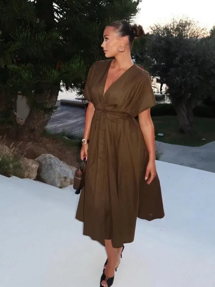 Women's Midi Dress with V-Neck and Tie Waist - 7