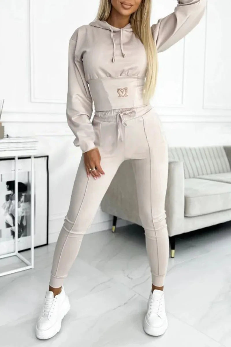 Women's Hooded Two-Piece Tracksuit with Cropped Top and Skinny Joggers - Apricot