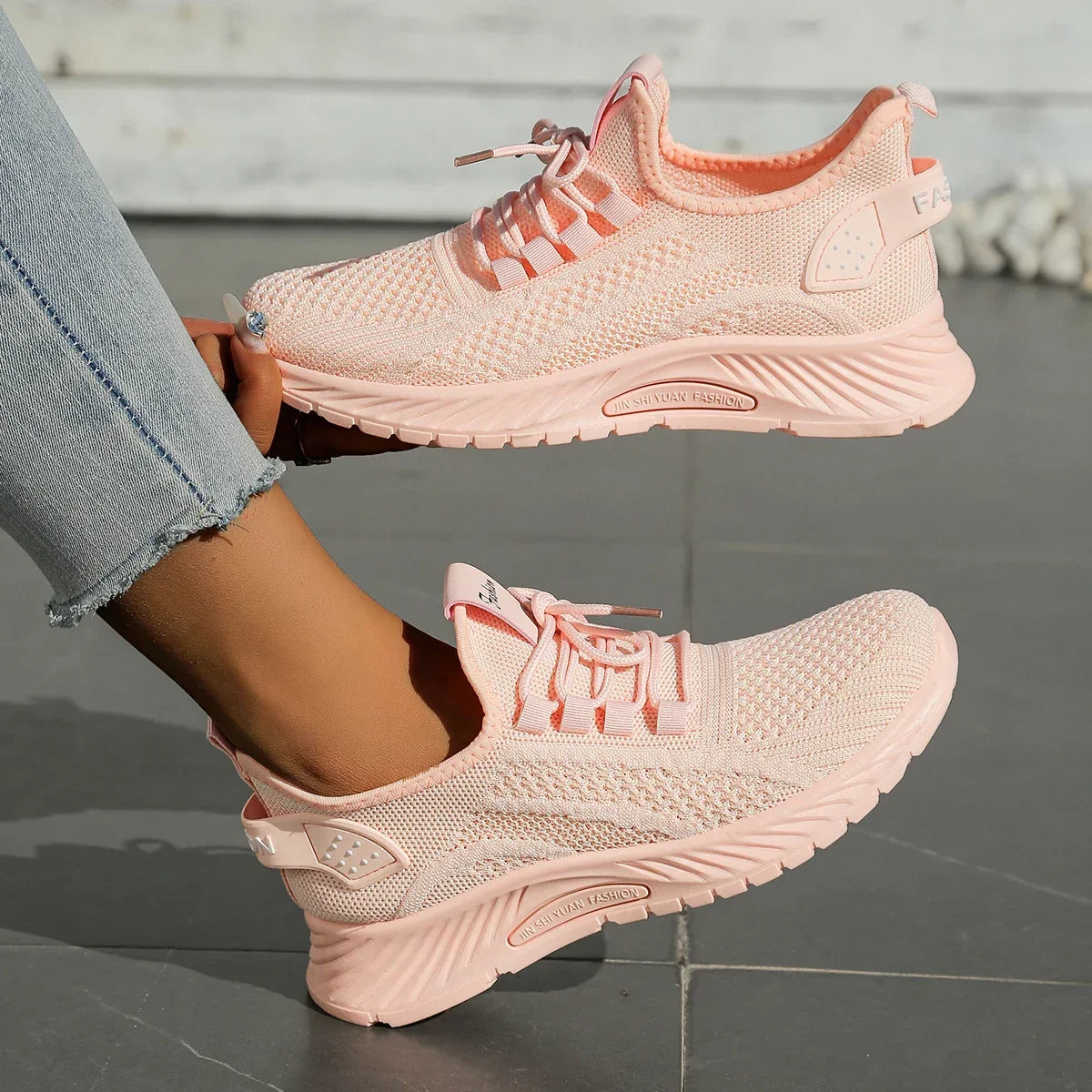 Women's Knit Trainers with Lace-Up Front and Flexible Sole - Pink