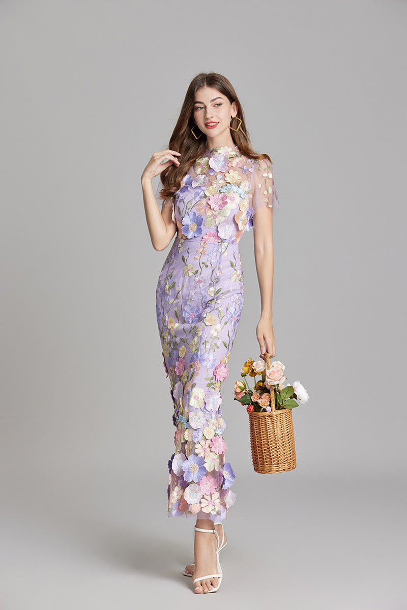 Women's Midi Dress Floral Appliqué with High Neckline and Sheer Sleeves - Purple
