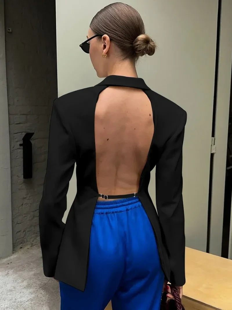 Women's Blazer Coat Backless Wrap Front with Long Sleeves - 3