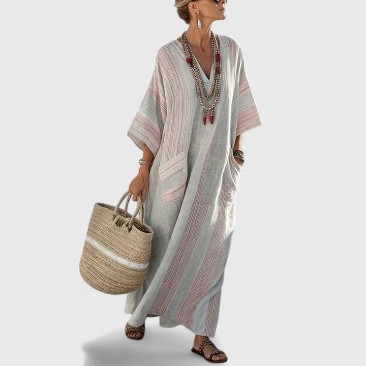 Women's Maxi Dress with V-Neck and Embroidered Trim - 8