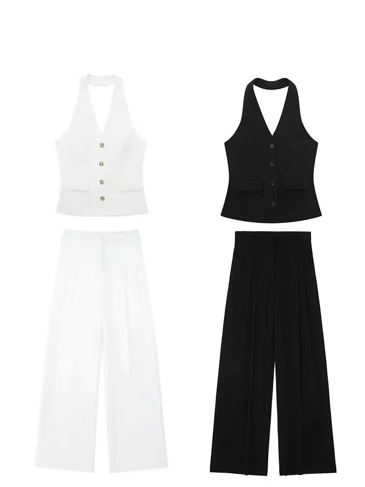 Women Halter Waistcoat and Trouser Co-ord Set with Wide Leg - 7